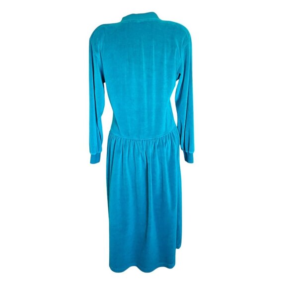 80s Womens Medium Dropwaist Velour Dress Mockneck Teal Turquoise‎ Blue Green - Picture 6 of 9
